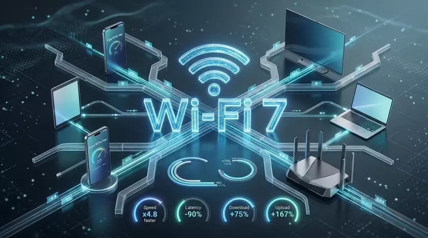 Логотип Wi-Fi 7 на фоне смартфона