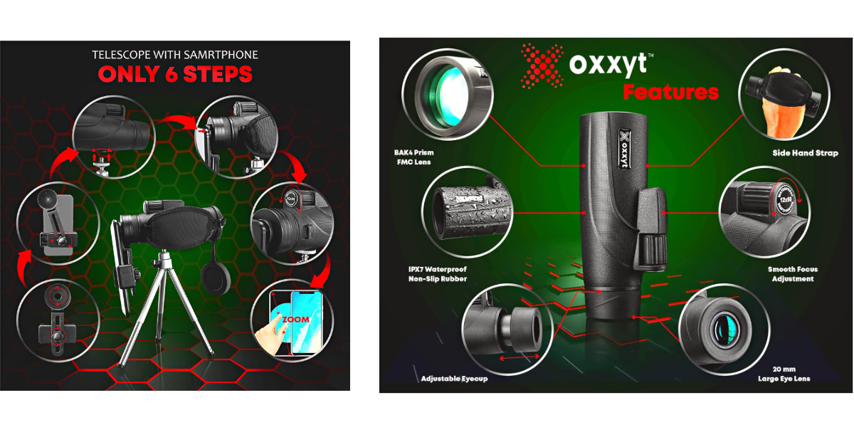 Oxxyt 12x50 télescope monoculaire pour téléphone
