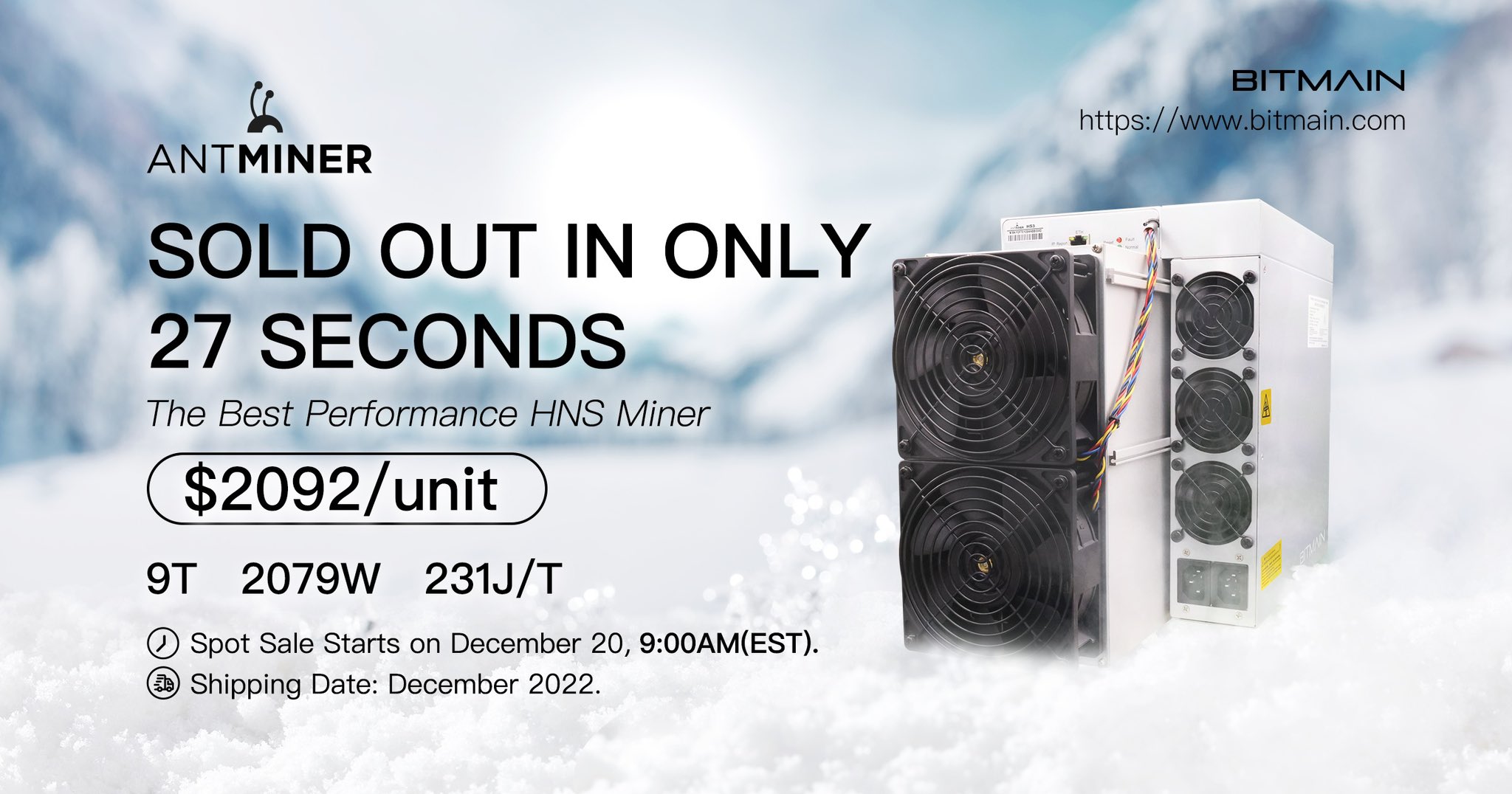 Tous les ASIC Antminer HS3 d'une valeur de 2092 $ pour le minage de crypto-monnaies Handshake ont été vendus en 27 secondes