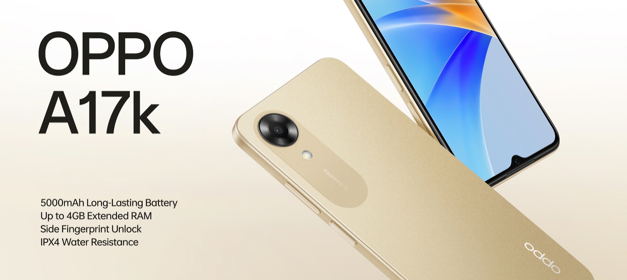 OPPO A17k: MediaTek Helio G35 chip, 5000 mAh battery, IPX4 protection and side fingerprint scanner for $126