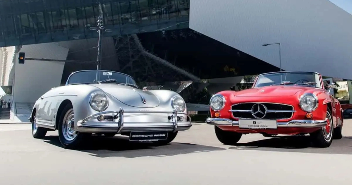 Рідкісний кадр: культові Porsche 356 та Mercedes W111 поруч з Музеєм Porsche