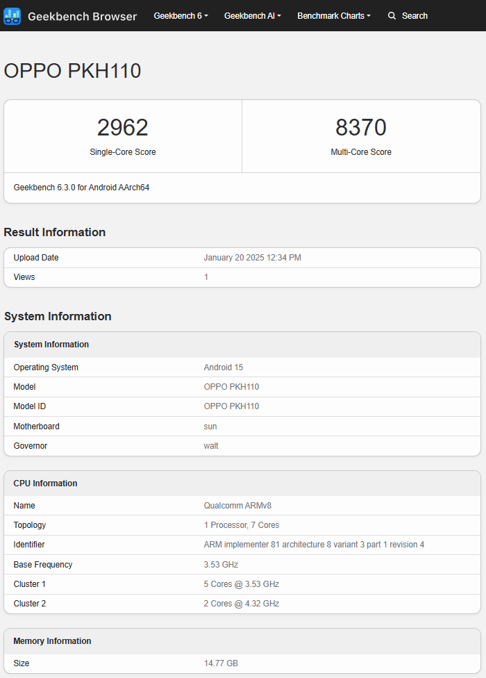 Результати тесту Oppo Find N5 (модель PKH100). Ілюстрація: Geekbench