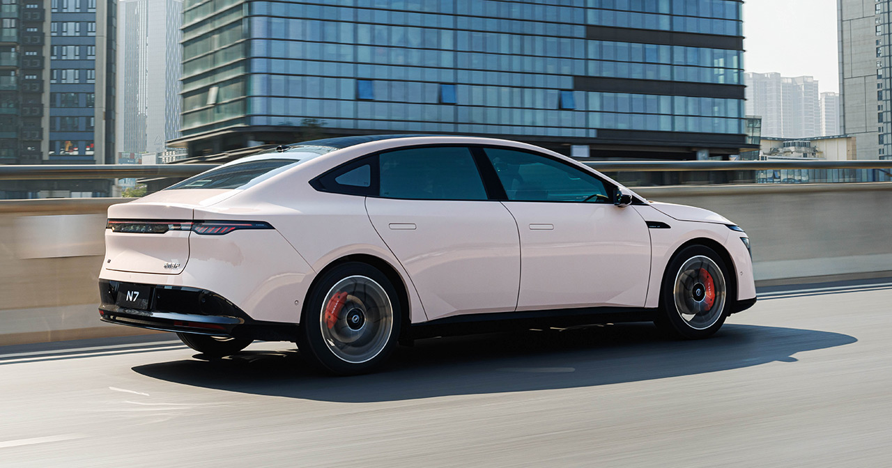Side view of the Nissan N7 electric sedan