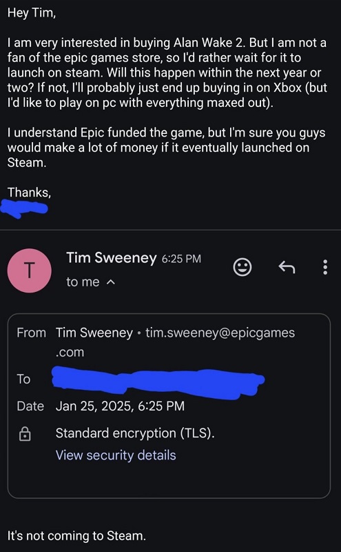 Screenshot of correspondence with Tim Sweeney