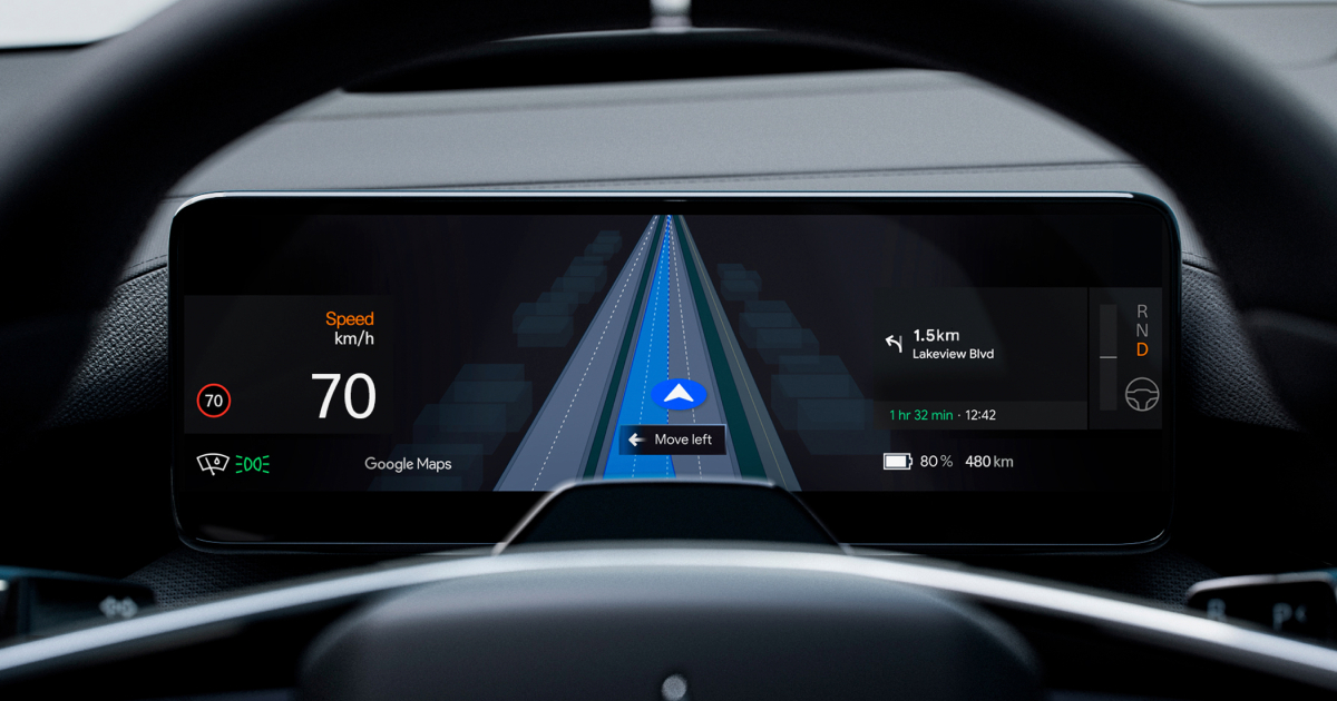 Polestar 4 dashboard displaying Google Maps' live lane guidance
