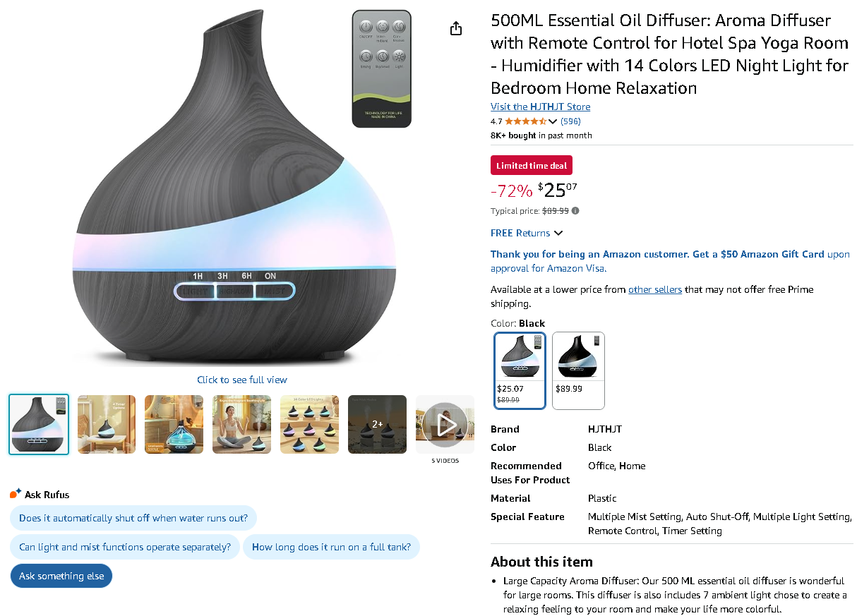 Screenshot of the HJTHJT Aroma Diffuser from Amazon