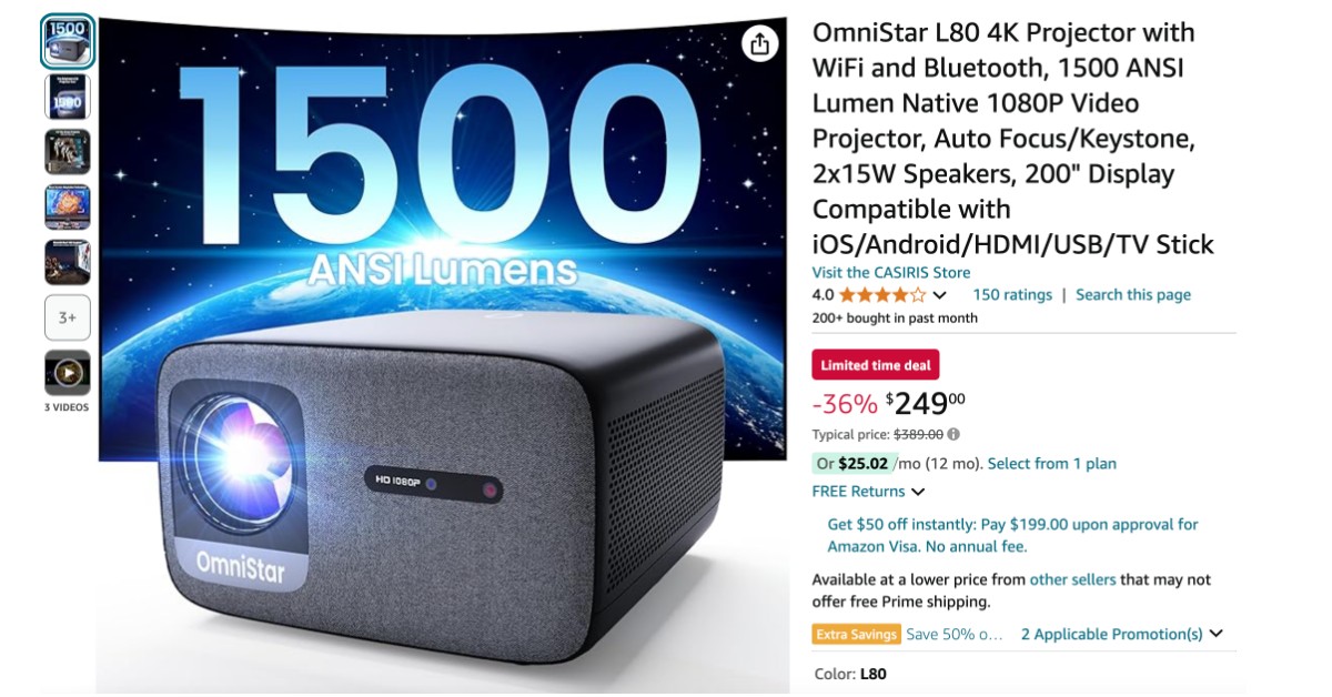 CASIRIS OmniStar L80 4K Projector - Now $140 Off!