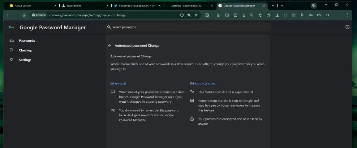 Screenshot of the new password reset feature in Google Chrome