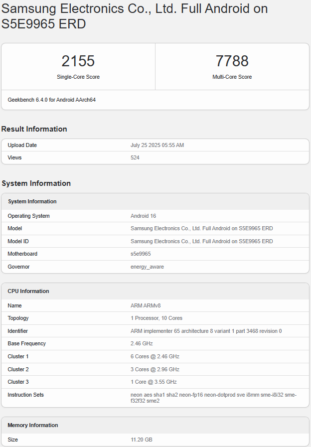 Результати Geekbench Exynos 2600