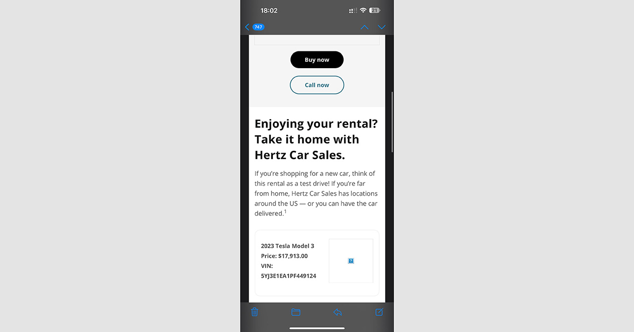 Screenshot of an email from Hertz offering to buy back the Tesla Model 3