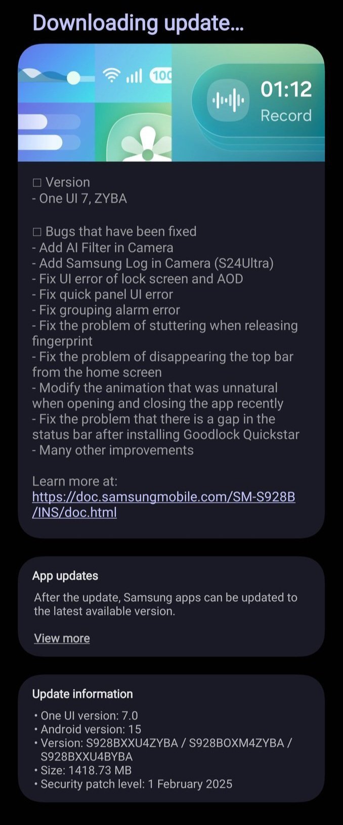 Capture d'écran décrivant la nouvelle mise à jour One UI 7.0