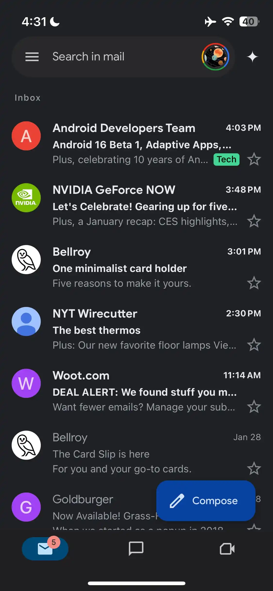 Updated design of Gmail for iPhone