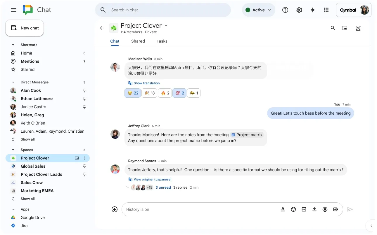 Fonction de traduction automatique dans Google Chat