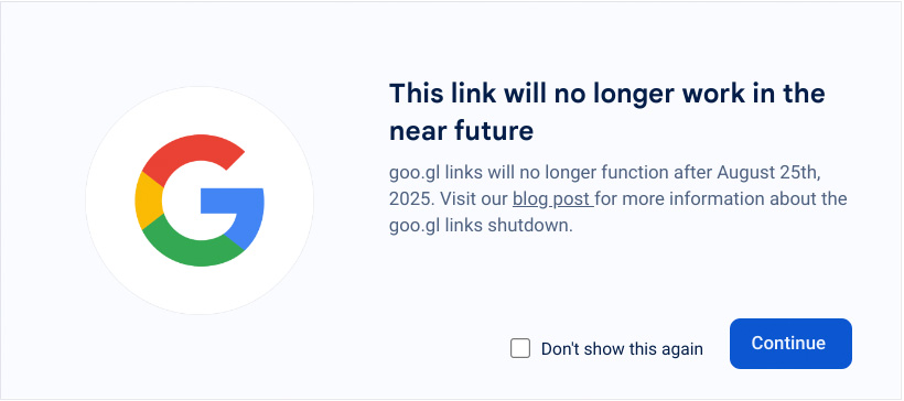 Проміжна сторінка, що відображається для деяких посилань goo.gl з 23 серпня 2024 р.. Ілюстрація: Google