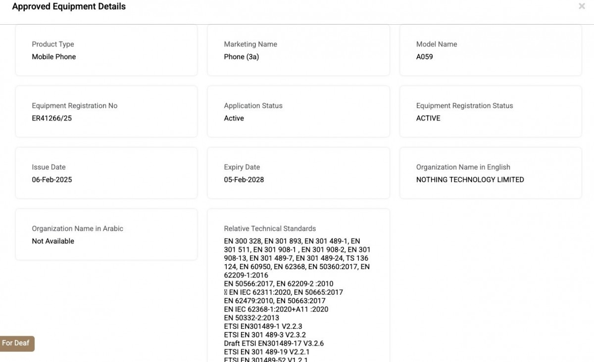 Nothing Phone (3a) certification