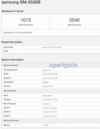 Galaxy Tab S10 FE (SM-X526B) на Geekbench. Ілюстрація: xpertpick