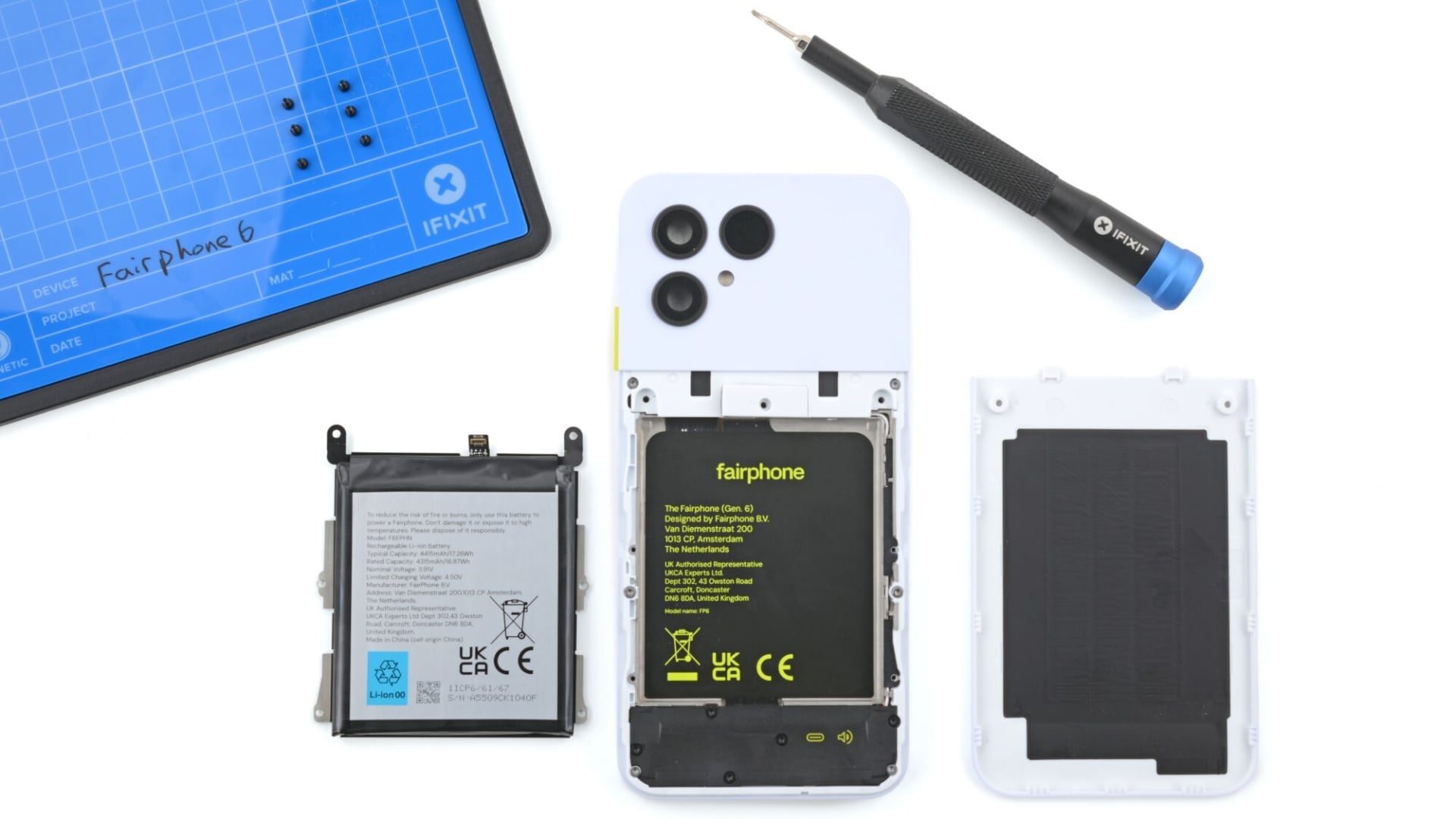 Repairability of the Fairphone 6. Illustration: iFixit