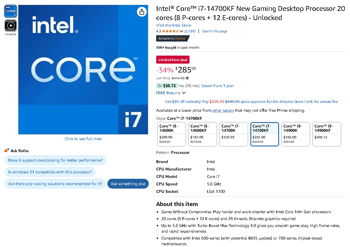 Screenshot of the Core i7-14700KF. Source: Amazon