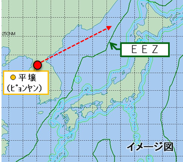 Direction of flight of a ballistic missile that fell outside the Japanese EEZ