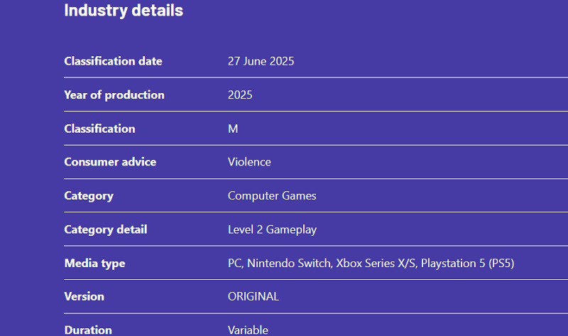 Сторінка гри на Australian Classification