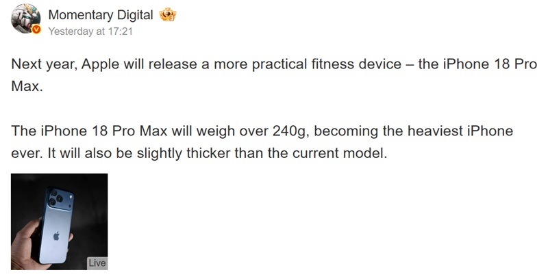 Автопереклад повідомлення Instant Digital на Weibo про розміри iPhone 18 Pro Max