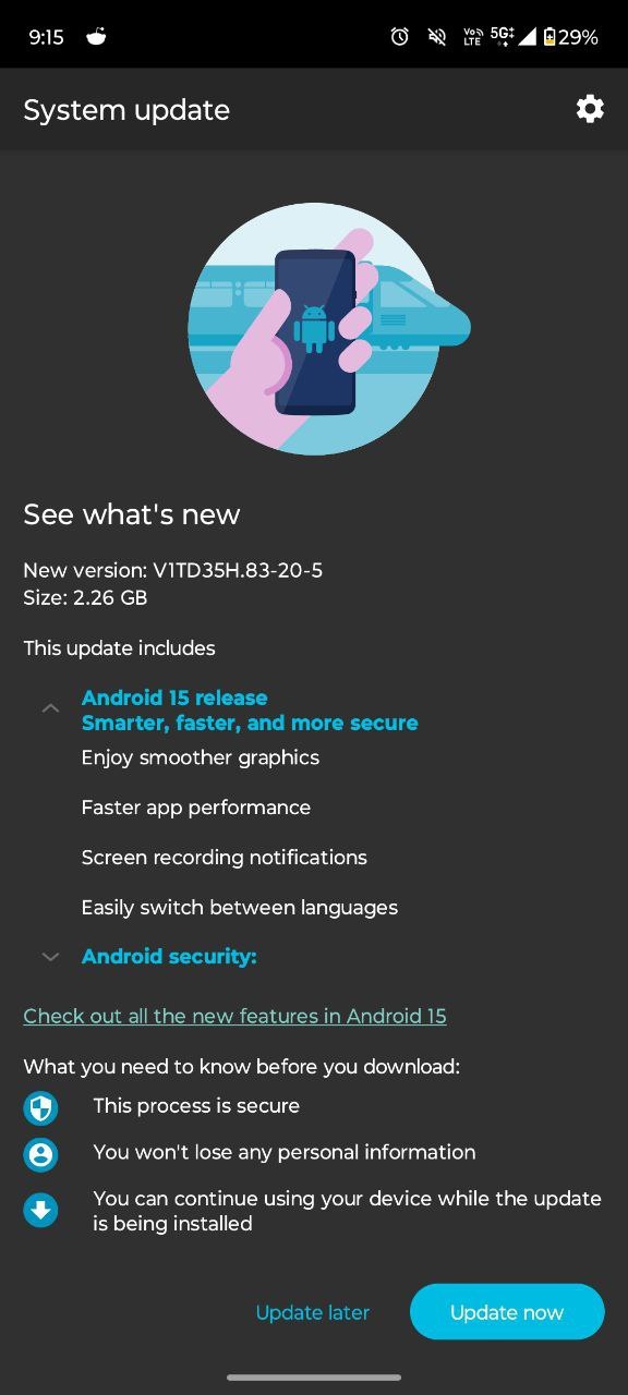 Capture d'écran de la mise à jour du Moto G64 5G vers Android 15