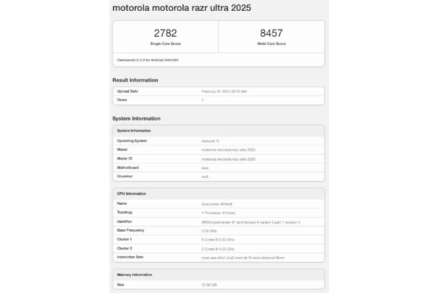 Code Geekbench pour le Motorola Razr Ultra 2025