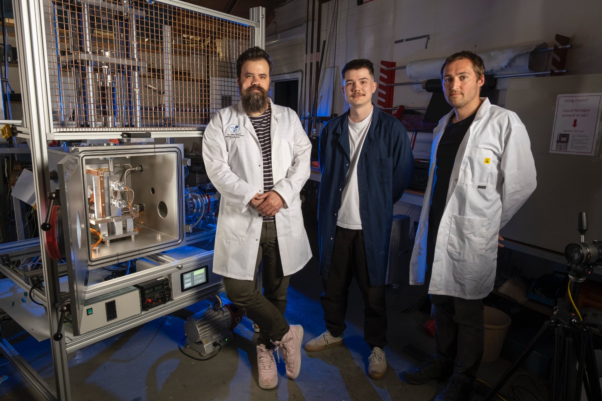 Dr Gilles Bayeux, Matthew Deans and Charlie Patterson with the NextSpace TestRig