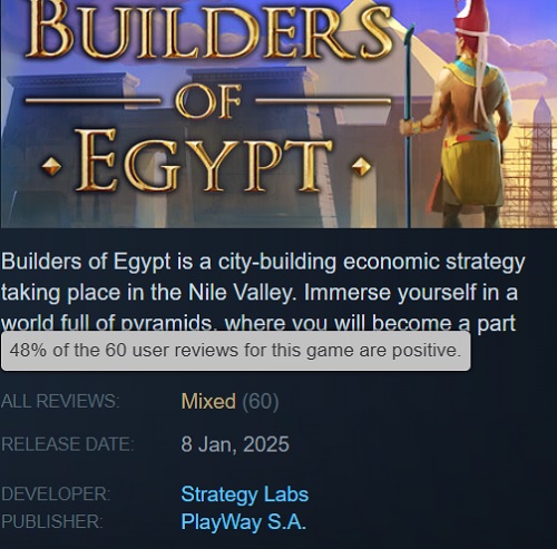 Commentaires sur les bâtisseurs d'Égypte. Source : Steam