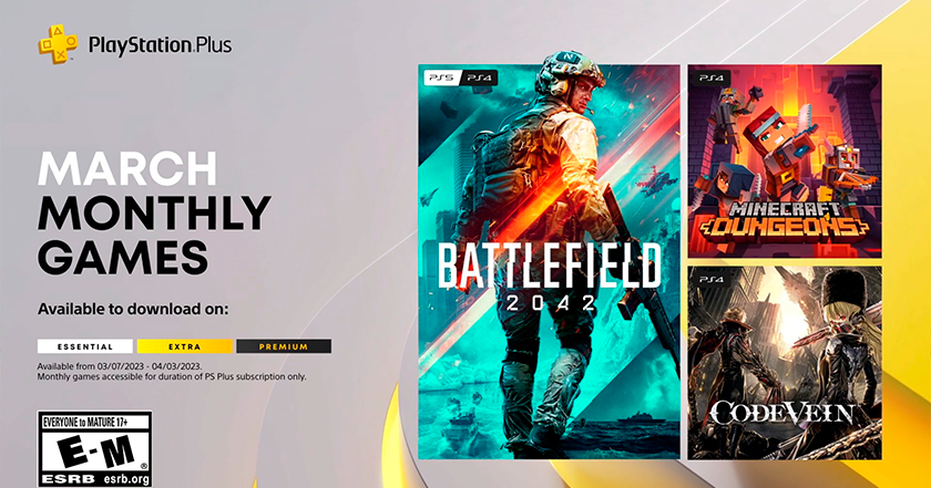 Battlefield 2042, Minecraft Dungeons, and Code Vein: games that PlayStation Plus subscribers will receive in March