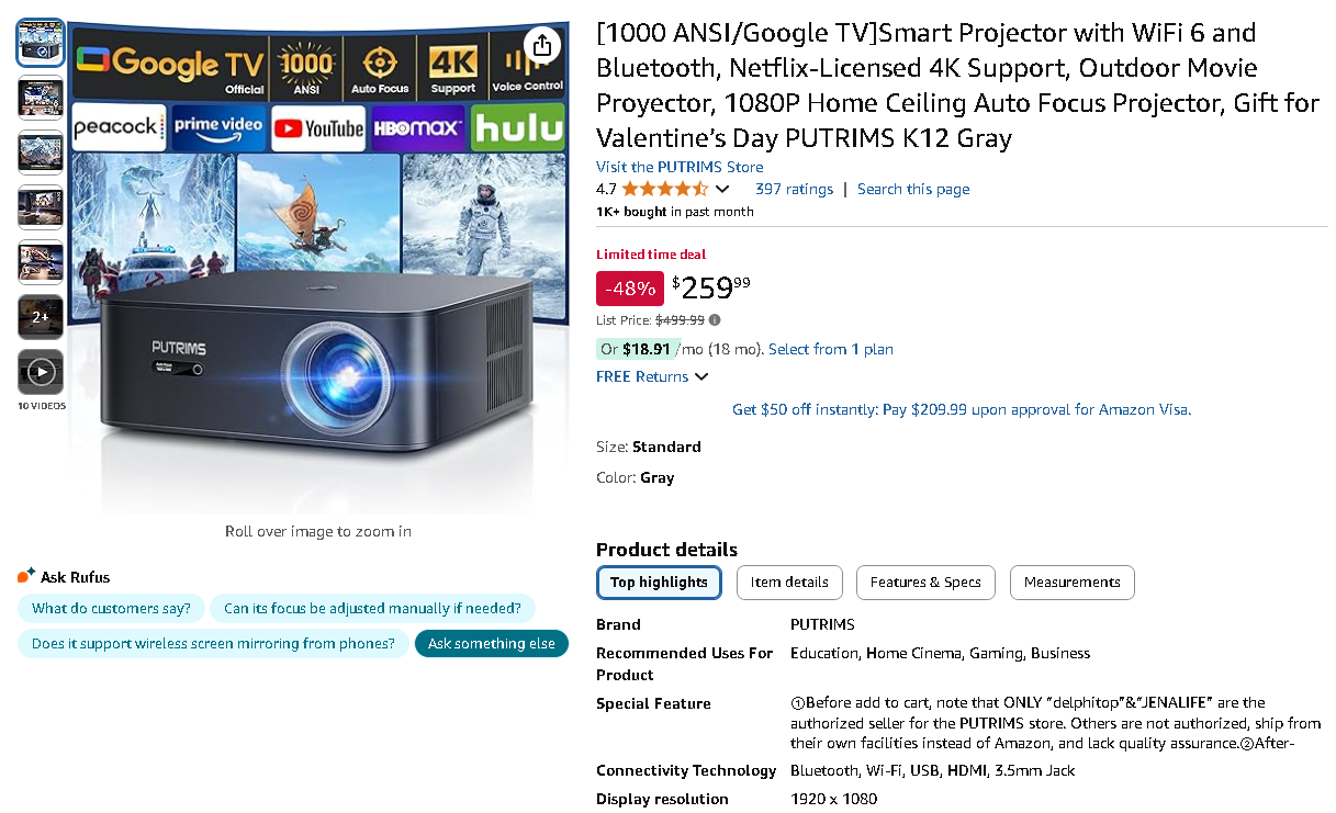 PUTRIMS K12 Smart Projector PUTRIMS K12 Smart Projector on Amazon