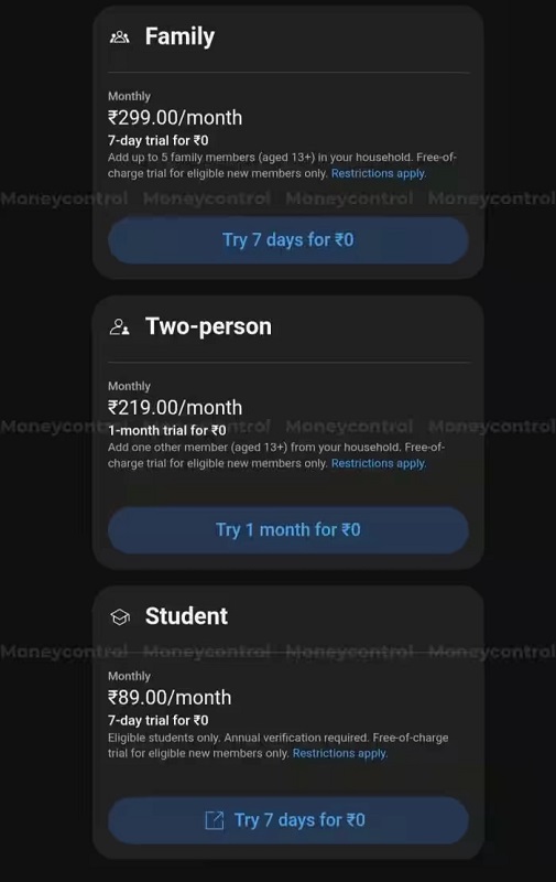 Screenshot of YouTube Premium rates