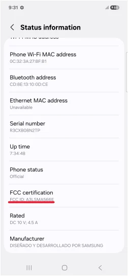 Скріншот інформації про смартфон Galaxy A56 з бази даних FCC