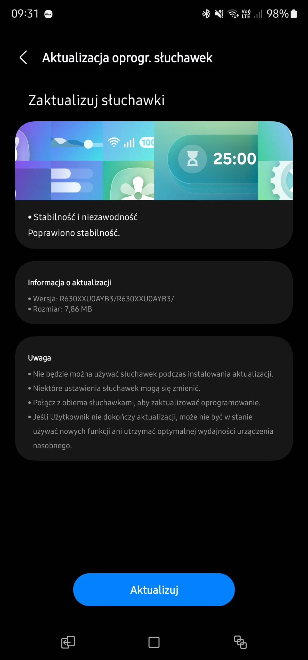 Capture d'écran de la mise à jour pour Samsung Galaxy Buds 3 Pro