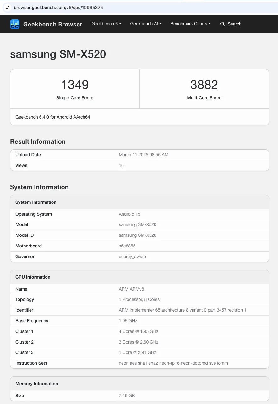 Результати продуктивності Galaxy Tab S10 FE в тесті Geekbench