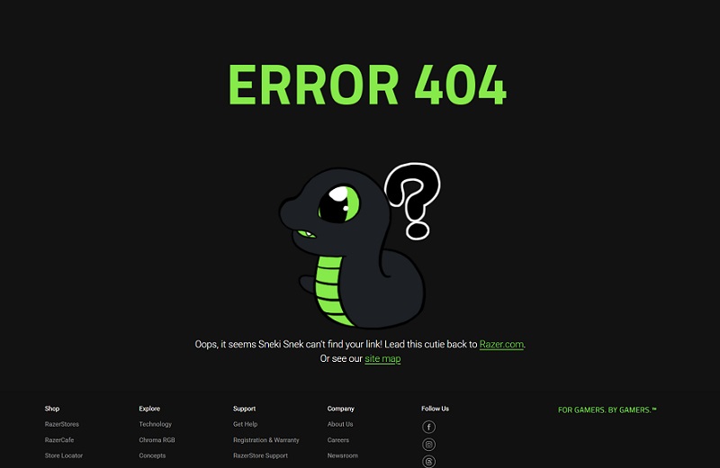 Скриншот уведомления об ошибке 404 на сайте Razer