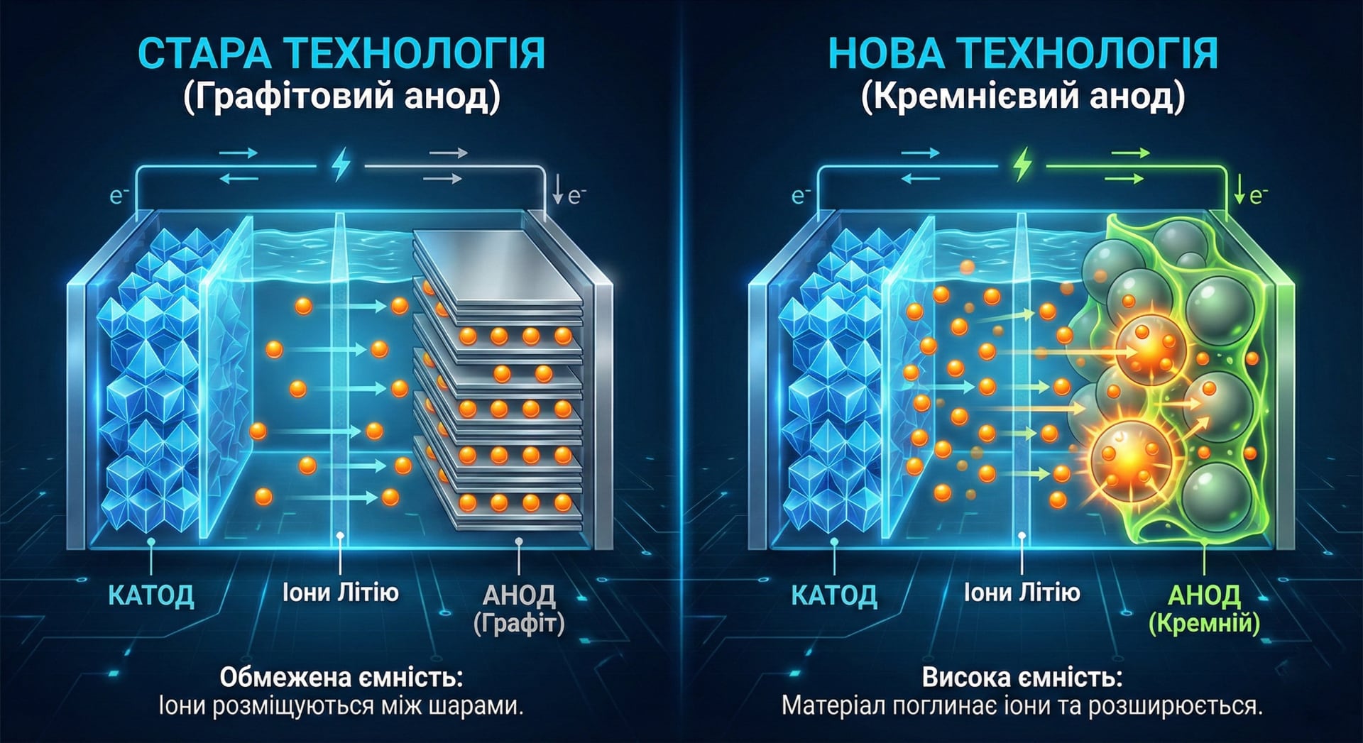 Схема порівняння принципів роботи літієво-іонної та кремнієво-вуглецевої батарей