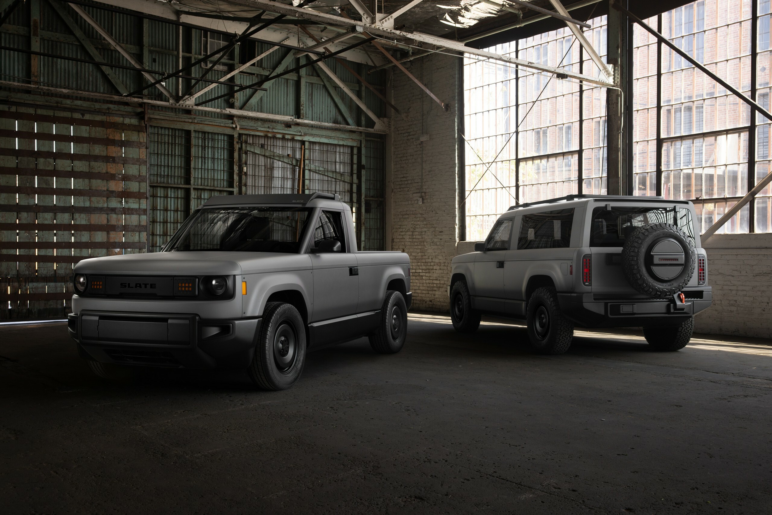 Slate electric open-top pickup truck.