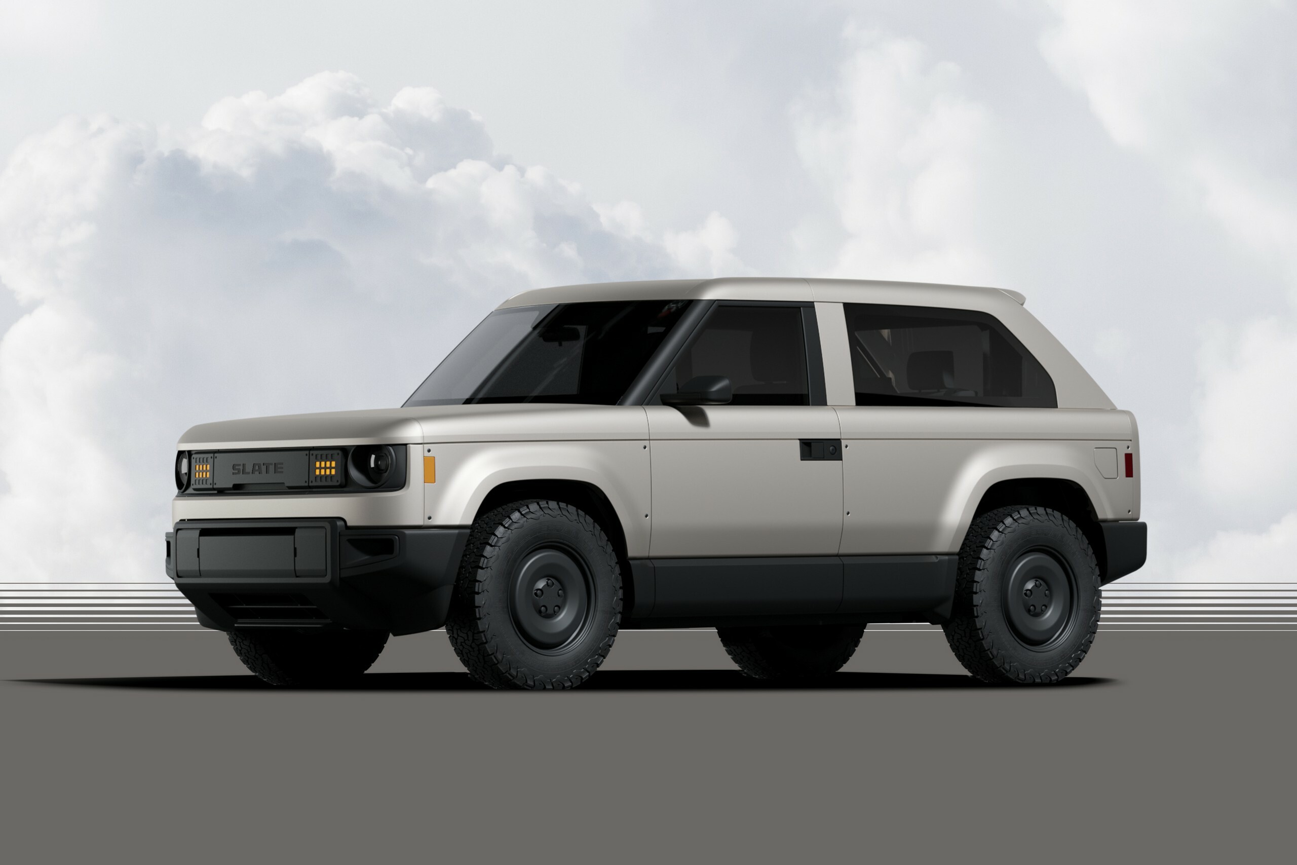 Slate electric pick-up truck with a body.
