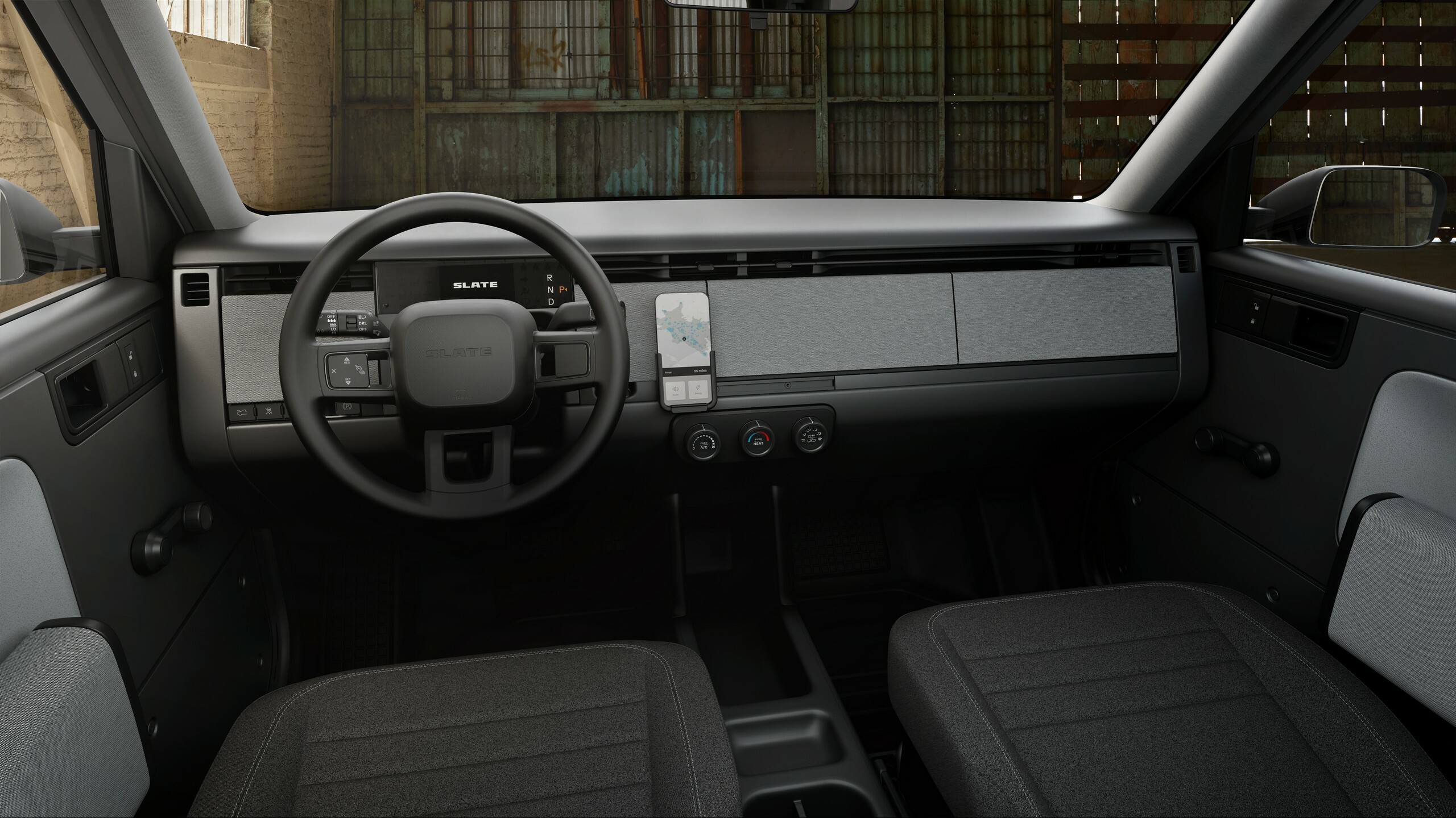 The interior of the Slate electric pick-up truck