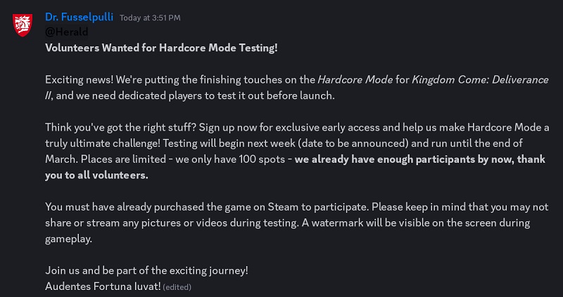 Звернення Warhorse Studios у Discord
