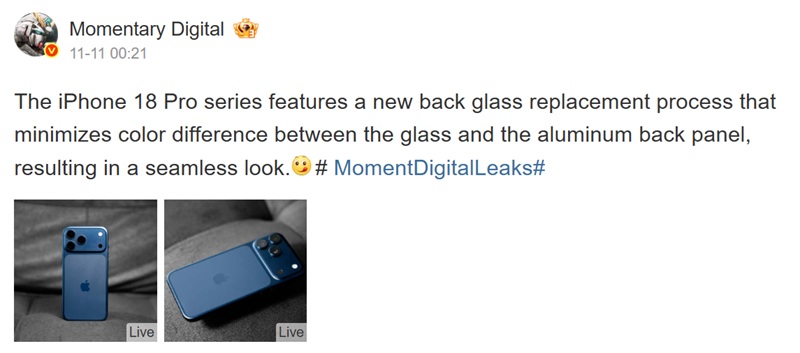 Автопереклад повідомлення Instant Digital на Weibo про дизайн iPhone 18 Pro