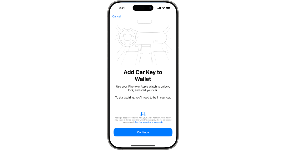 iPhone 16 Pro с инструкцией по добавлению Car Key в Wallet
