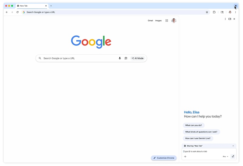 Interface of the sidebar with Gemini 3 in Google Chrome
