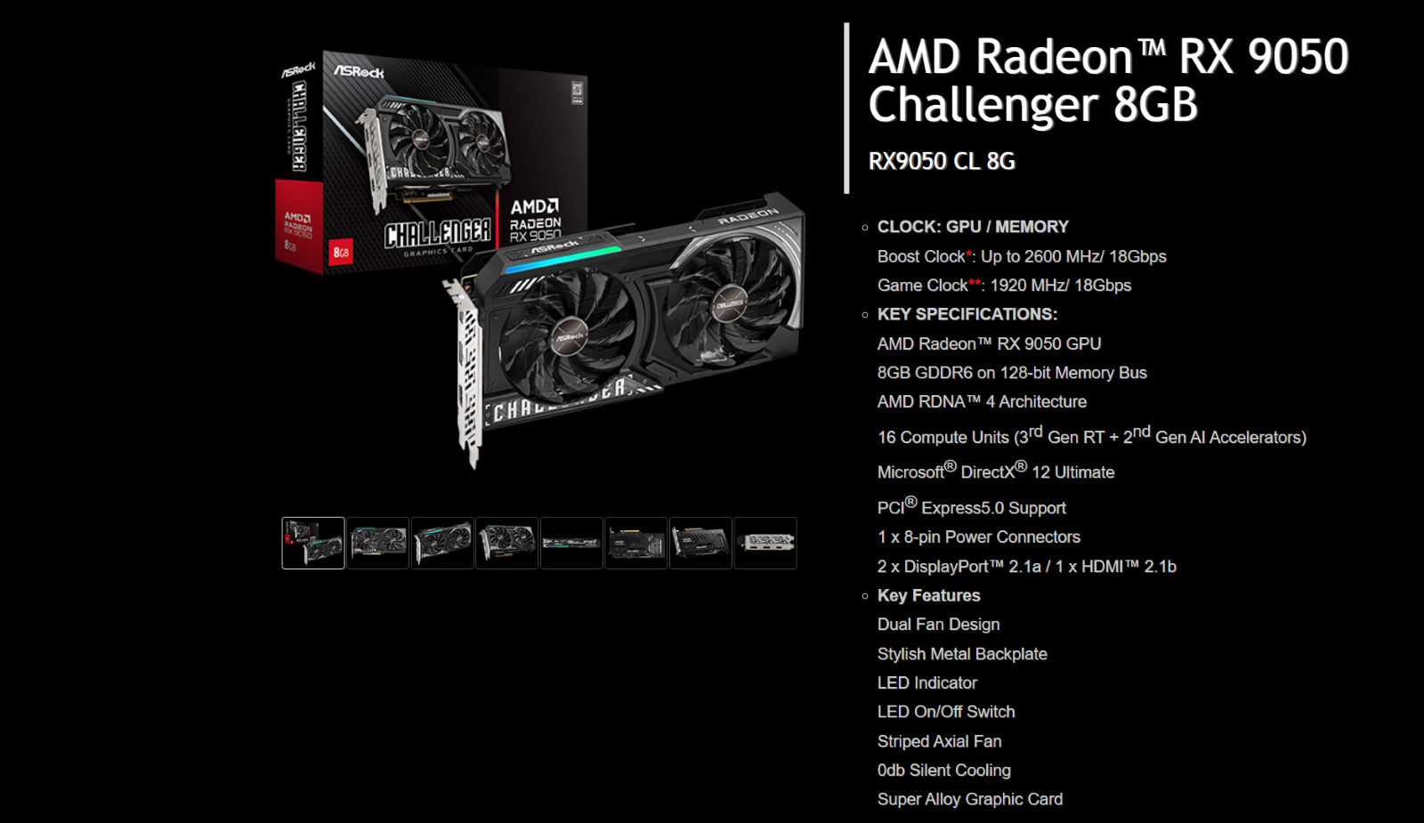 Вид відеокарти ASRock Radeon RX 9050 Challenger