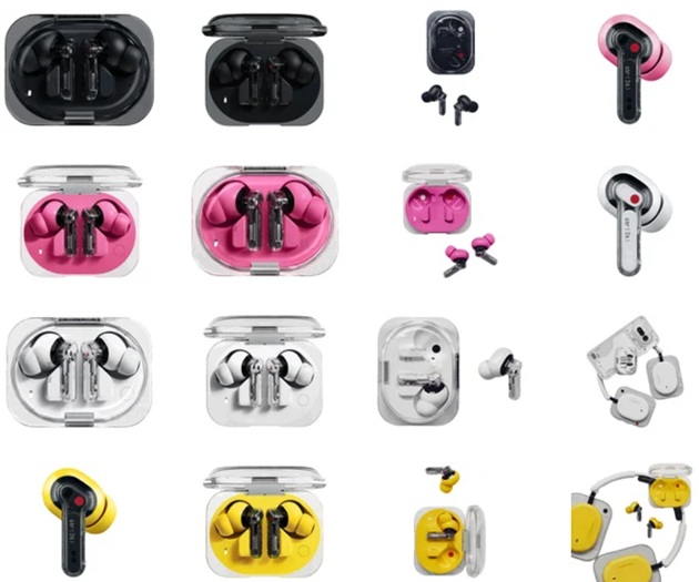 Les Nothing Ear (3a) en quatre coloris : blanc, noir, jaune et rose.