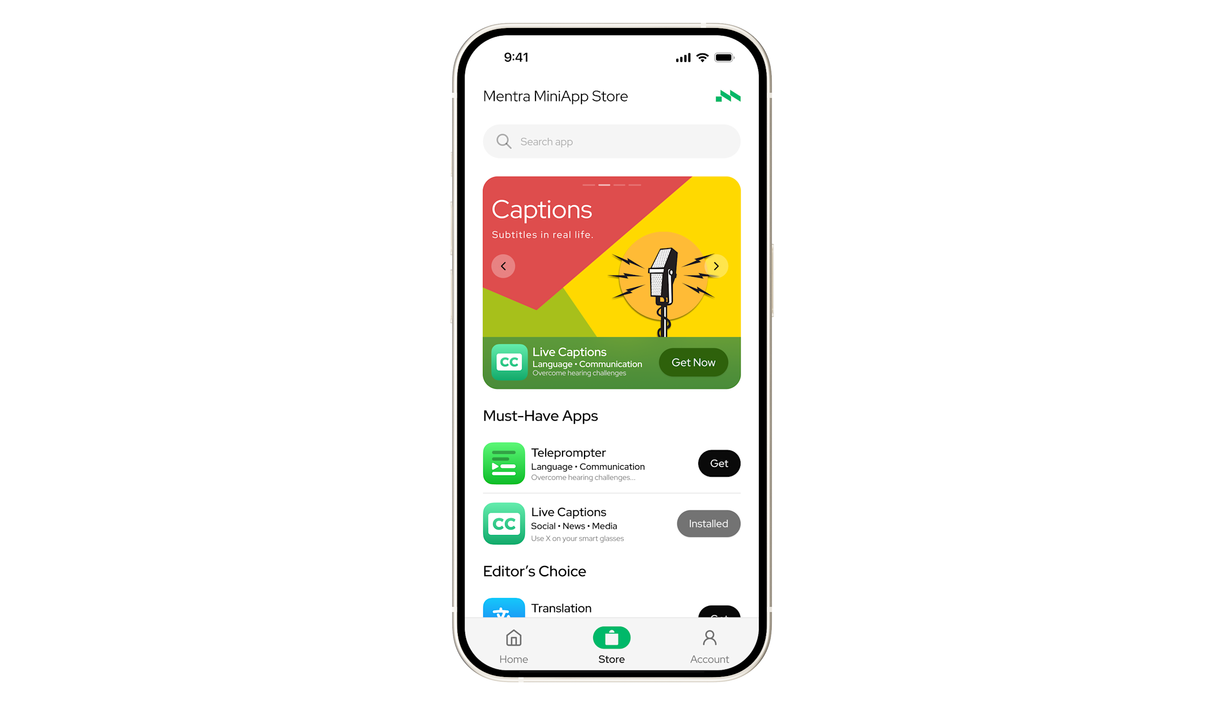 Interface of the Mentra MiniApp Store application