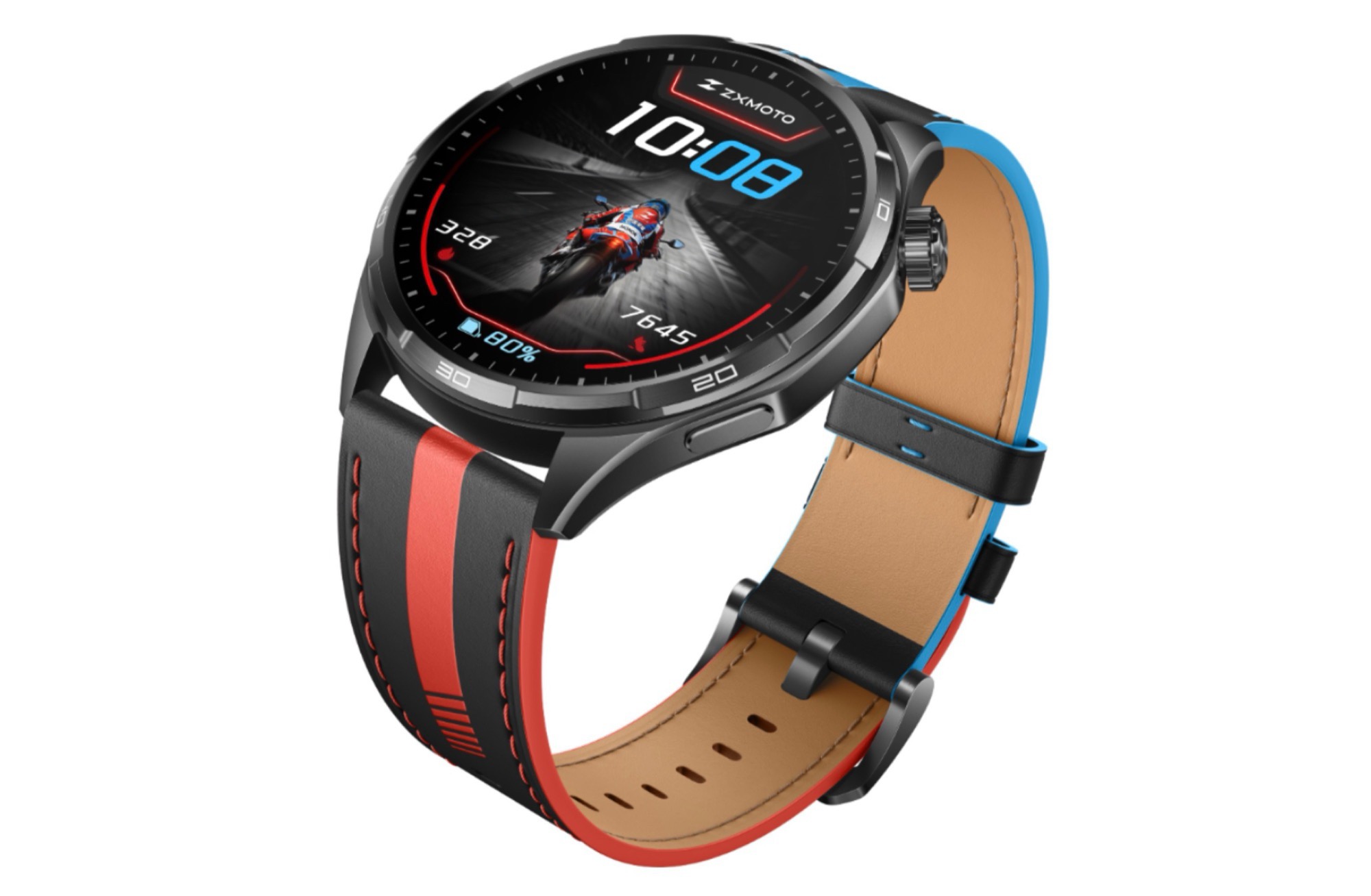 Honor Watch 6 Plus Motorcycle Edition, avec son bracelet en cuir aux accents bleus et rouges et l'animation de démarrage ZXMOTO.
