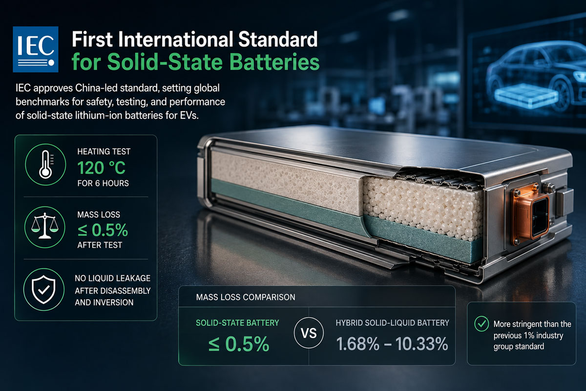 China's GB/T 43568-2026 standard classifies batteries into three categories, with a strict 0.5% weight-loss threshold separating true solid-state cells from hybrid alternatives.