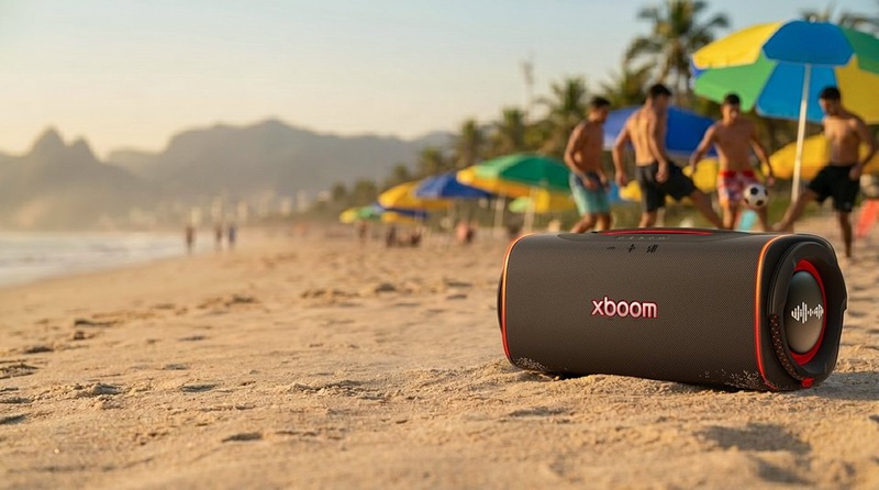 LG xBoom Blast — two 5.25-inch Peerless woofers and 220W output in a rugged, portable enclosure.